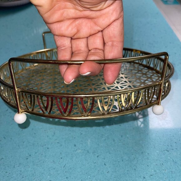 Vintage Gold Tone Metal Footed Drink Serving Tray With Handles - Picture 9 of 9